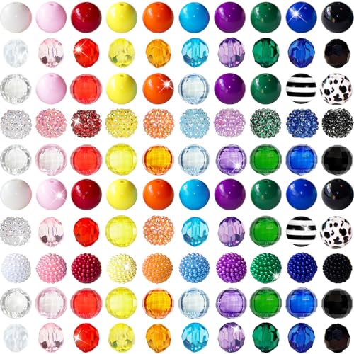 100 Pcs 20mm Beads for Pens Rhinestone Bubblegum Beads Mixed Crystal Acrylic Round Chunky Bead Sparkly Craft Large Balls Bead for Pen Beadable Keychain Bracelet Necklace DIY Jewelry Making Supplies - color: Rainbow