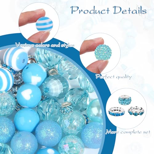 35 Pcs Chunky Bubblegum Beads 20mm Focal Pen Large Rhinestone Pearl Bead with Rhinestone Large Hole European Spacer Bead for DIY Beadable Pen School Jewelry Making Keychain Craft Making(Lake Blue) - color: Lake Blue