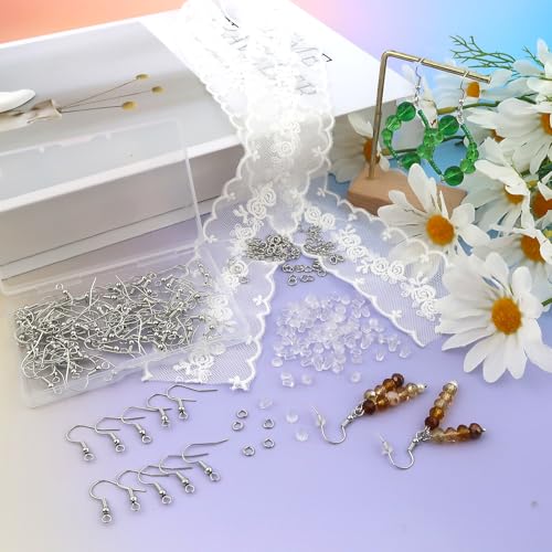 TOAOB 300pcs Earring Hooks Kits White Gold French Ear Wires with Ball and Coil 18mm Fish Hook Earring Making Supplies with Jump Rings and Clear Silicone Ear Backs for DIY Jewelry Findings - color: White gold