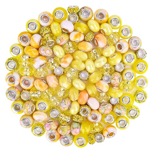 120pcs European Large Hole Beads, Assortments Charm Lampwork Murano Spacer Craft Beads for DIY Charms Bracelet Necklace Earring Jewelry Making Supplies(Yellow) - color: Yellow