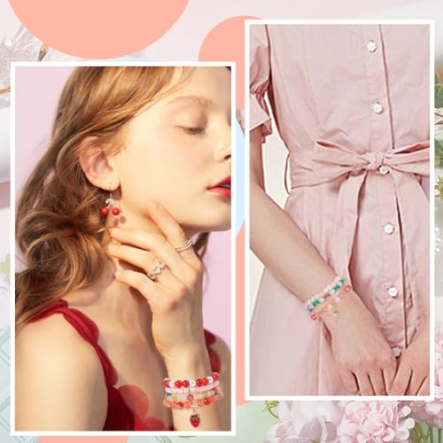 SUNNYCLUE 1 Box About 390Pcs 4 Sets Bracelet Making Kit Strawberry Bracelet Kits Polymer Clay Glass Fruit Flower Wire Beads Sets for Jewelry Making Adults Supplies Women Beginners Adults Starter - style: Strawberry