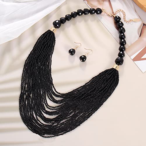 Bocar Necklace for Women, Multi Layer Statement Necklace, Long Chain Chunky Bib Seed Beads Necklace, Necklace Earring Set for Women Gift (NK-10693) - color: Black
