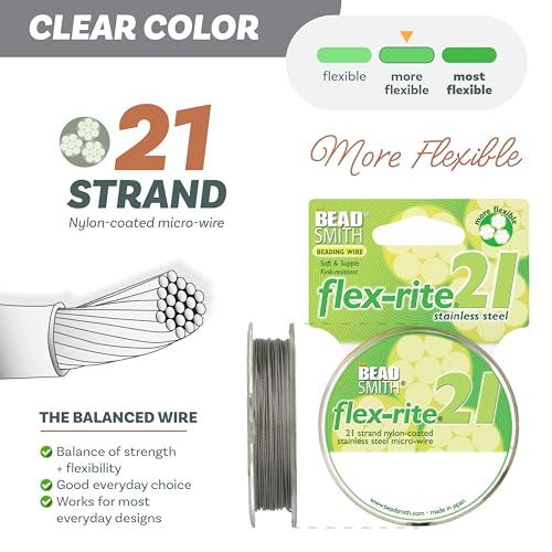 The Beadsmith Flex-Rite Beading Wire - 21-Strand Nylon-Coated Stainless-Steel Wire, 0.024" (0.60 mm) Dia, Clear, 30 ft Spool, Durable Necklace & Bracelet String, for Jewelry Making Supplies - size: .024” Dia - 30 ft