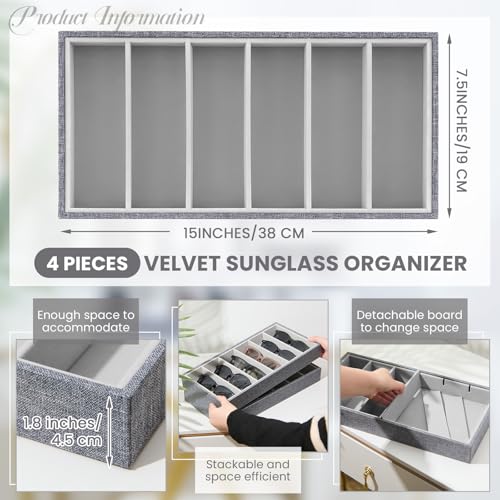 Juexica 4 Pcs Velvet Sunglasses Organizer Tray 6 Grid Sunglass Organizer Velvet Tray Stackable Glasses Display Case for Women Glasses Jewelry Display Watch (Gray) - color: Gray
