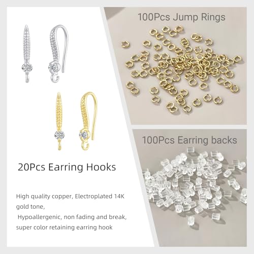 14K Gold and Silver Cubic Zirconia Earring Hooks 220PCS Earring Findings for Jewelry Making Hypoallergenic Fish Hooks for DIY Earrings - color: Silver and 14K Gold-Small Cubic Zirconia Earring Hooks