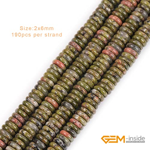GEM-Inside 2x6mm Natural Green Unakite Jasper Stone Heishi Disc Rondelle Spacer Beads for Jewelry Making Full 15" Strand Energy Stone Healing Power Crystal - color: Green Unakite Jasper