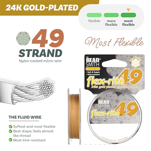 The Beadsmith Flex-Rite Beading Wire - 49-Strand Nylon-Coated Stainless-Steel Wire, 0.014" (0.35 mm) Dia, 24k Gold-Plated, 30 ft Spool, Durable Necklace & Bracelet String, for Jewelry Making Supplies - color: 24k Gold-Plated, size: .014” Dia - 30 ft