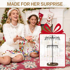 iDavosic.ly 2 Tier Rotating Necklace Holder Organizer with Wooden Jewelry Tray, Adjustable Metal Bracelet Display Stand with 42 Hooks, Extra Tall Keychain Spinning Tree Tower for Women, Black - color: Black with Wooden Tray