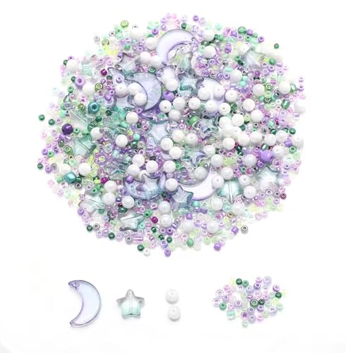 Mixed Star Moon Crystal Glass Beads Seedbeads Loose Round Pearl Beads for Jewelry Making Craft Bracelets Necklaces Earrings DIY Crafts Projects Green Purple Glass Spacer Bead Kits for Crafts - color: Green Purple