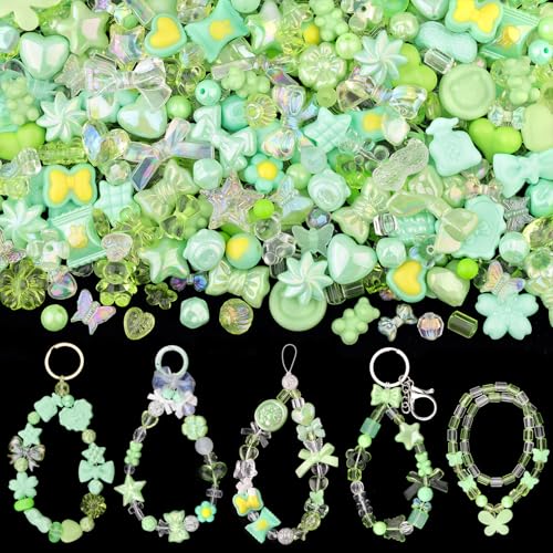 200-260PCS TINKRSTUFF Assorted Acrylic Beads Green Cute Beads for Bracelet Making, Bow Aesthetic GummyBear Flower Candy Butterfly Kawaii Charms for Jewelry Making DIY Necklace Keychain Phone Charm - color: Green