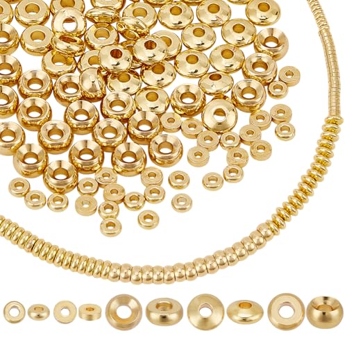 PH PandaHall 200pcs 18K Gold Spacer Beads 5 Styles Metal Heishi Beads Flat Round Spacer Beads Disc Beads Long-Lasting Loose Beads for Surfer Stackable Necklace Layered Bracelet Jewelry Making 3/5mm