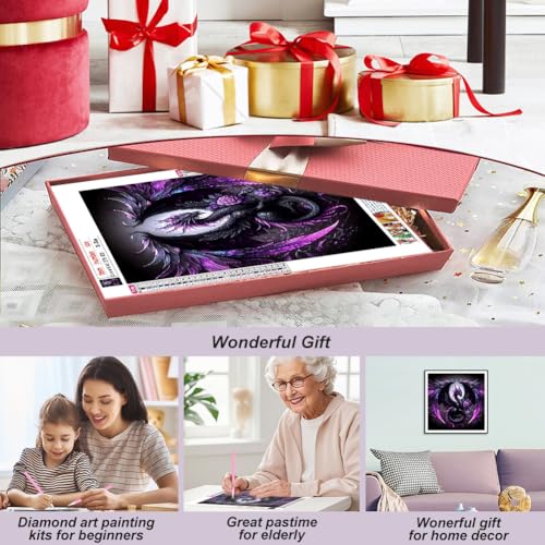 Domnpes Purple Dragon Diamond Art Kits for Adults, 5D Diamond Painting Kits for Beginners, DIY Round Full Drill Bead Craft for Home Wall Decor Gift 11.8x11.8 inch