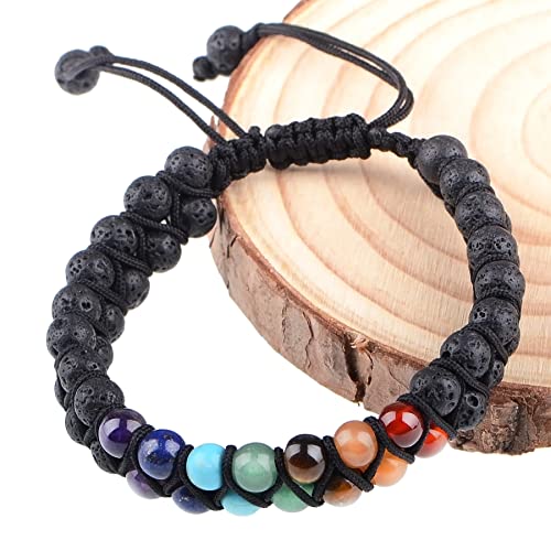 MASSIVE BEADS Double Layer Natural Chakra Healing Power Crystals Macrame Bracelet Yoga Stone Beads Gemstone Meditation Relax Anxiety Bangle for Unisex Women Men - color: 7-Chakras&Lava, size: 4mm
