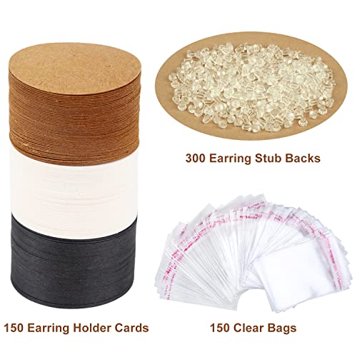 XXUOD 600 Pieces Display Cards Set, 150 Round Cardboard Earring Holder With 150 Self-Seal Bags and 300 Backs for Ear Studs - 3 Colors