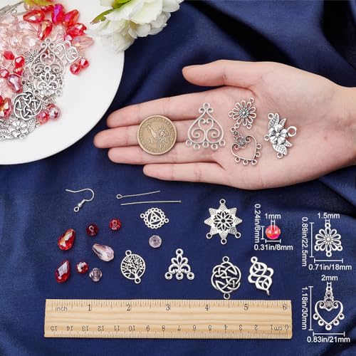 SUNNYCLUE 1 Box DIY 10 Pairs Red Beads Chandelier Dangle Earring Making Kit Flat Round Celtic Knot Flower Tree Snowflake Heart Component Links Teardrop Electroplate Glass Beads for Jewelry Beginners - color: Chandelier Bohemian Style G