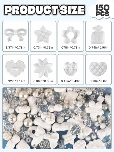 Acrylic Pastel Beads for Jewelry Making, Kalolary Colorful Bow Butterfly Flower Kawaii Plastic Candy Heart Cute Macaroon Aesthetic Beads for Bracelet Necklace DIY Supplies (White) - color: White