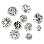 DanLingJewelry 100Pcs 10 Styles Antique Silver Flat Round Beads with Flower & Star Pattern Tibetan Round Beads for DIY Jewelry Craft Making - color: 100pcs - round - 10 styles