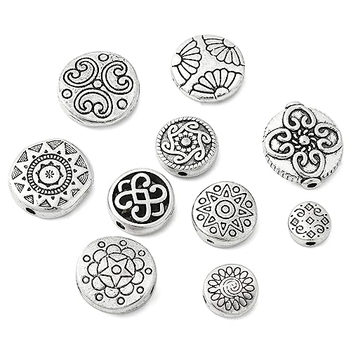 DanLingJewelry 100Pcs 10 Styles Antique Silver Flat Round Beads with Flower & Star Pattern Tibetan Round Beads for DIY Jewelry Craft Making - color: 100pcs - round - 10 styles