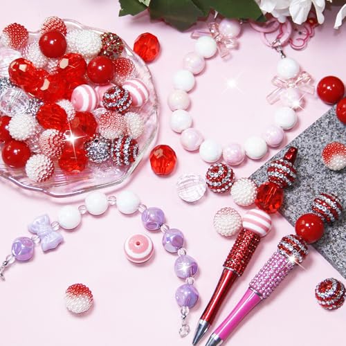 48 Pcs 20mm Beads for Pens Rhinestone Bubblegum Beads Red Crystal Acrylic Round Chunky Bead Sparkly Craft Large Balls Bead for Pen Beadable Keychain Bracelet Necklace DIY Jewelry Making Supplies - color: Red