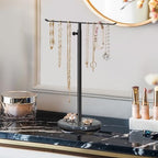Black Necklace Holder Jewelry Organizer Stand – Adjustable Height T‑Bar Jewelry Display with Dark Gray Marble Base, Necklace & Bracelet Holder, Countertop Jewelry Rack - color: Black