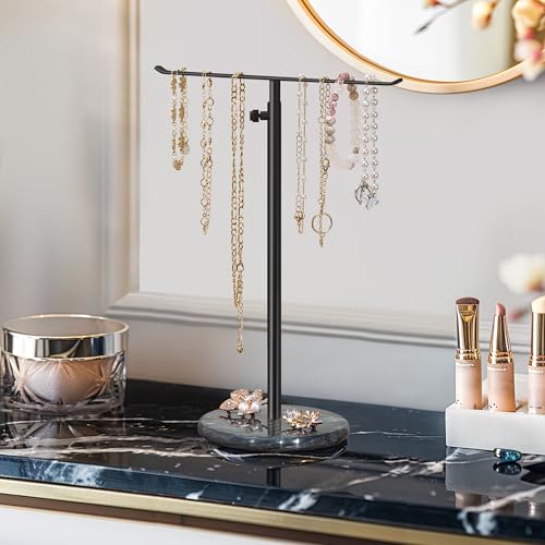 Black Necklace Holder Jewelry Organizer Stand – Adjustable Height T‑Bar Jewelry Display with Dark Gray Marble Base, Necklace & Bracelet Holder, Countertop Jewelry Rack - color: Black