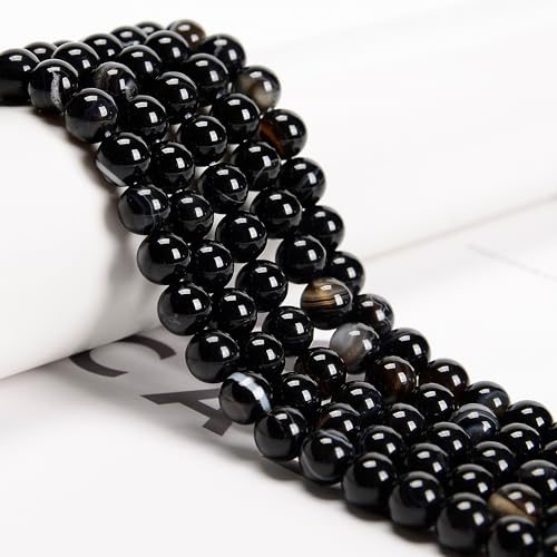 65Pcs 6mm Black Striped Agate Natural Round Loose Real Stone Beads Gemstone Genuine for DIY Hand Made Craft Jewelry Bracelet Earring Necklace String Making Energy Healing Power - color: Black Striped Agate, size: 6mm