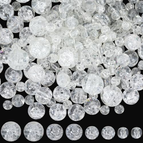 1 Box 450PCS 4/6/8/10MM Clear Crackle Round Glass Beads with Holes Crack Transparent Painted Assorted Smooth Crystal Spacer Loose Bead Bulk for Jewelry Making Necklace Bracelet DIY Craft - color: White