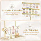 MODOWEY Necklace Holder Earring Stand Organizer, Wooden Velvet Bracelet Tree Rack with Ring Tray for Vendor Women Display Selling, Countertop T Bar Jewelry Tower Keep Everything Visible & Within Reach - color: Beige