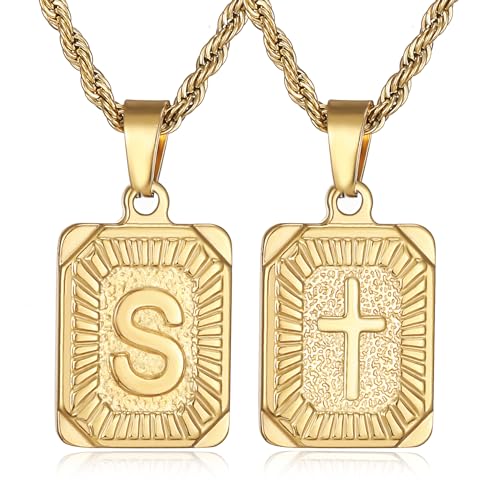 SKQIR initial Letter Necklaces for Men,Stainless Steel Plated A Z Square Pandent Letter Necklace for Women,Cross Necklace with Letter Chain Pendant for Boys Stocking Stuffers Christmas New Year Gifts for Men Women - color: Gold, style: Cross S