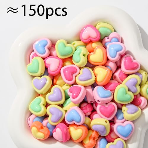 150pcs Acrylic Beads Colorful Heart Beads Rainbow Heart Beads for Jewelry Making Handmade DIY Bracelet, Charms Keychain Craft Supplies (Rainbow Heart) - color: rainbow heart