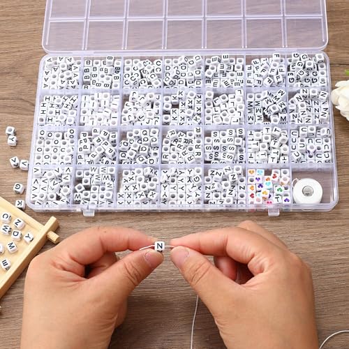 Acrylic Letter Beads 4mm Flat Round, 6mm Square - Beads for Making Friendship Bracelet or Necklace (Square White Plus Black) - color: Square White Plus Black