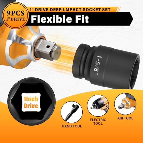 1" Drive Jumbo Impact Socket Set,9 PCS SAE (1",1-1/8",1-1/4",1-3/8",1-1/2",1-5/8",1-3/4",1-7/8",2") Universal Hex Deep Socket Combination,CR-MO Alloy Steel,Heavy Duty Storage Case - size: 1 Inch 9-Piece
