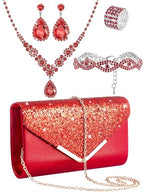 Henoyso 5 Pcs Rhinestone Jewelry Sets Prom Purse Jewelry Rhinestone Clutch Purse Bride Necklace Earrings Bracelets for Women - color: Red
