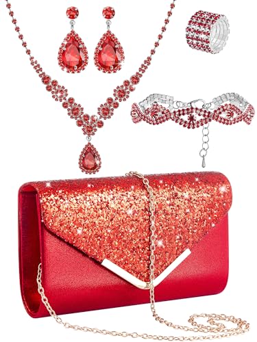 Henoyso 5 Pcs Rhinestone Jewelry Sets Prom Purse Jewelry Rhinestone Clutch Purse Bride Necklace Earrings Bracelets for Women - color: Red