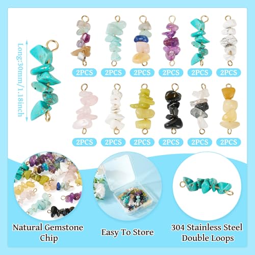 24Pcs Nuggets Gemstone Chip Connector Charms Irregular Energy Healing Crystal Beaded Pendants with Double Loops Stone Dangle Link Charms for DIY Earring Necklace Bracelet Jewelry Making - color: Mixed Color-A