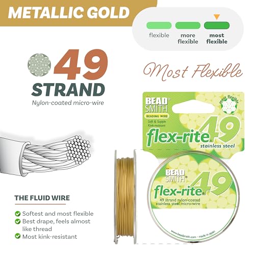 The Beadsmith Flex-Rite Beading Wire - 49-Strand Nylon-Coated Stainless-Steel Wire, 0.024" (0.60 mm) Dia, Metallic Gold, 30 ft Spool, Necklace & Bracelet String, for Jewelry Making Supplies - color: Metallic Gold, size: .024” Dia - 30 ft
