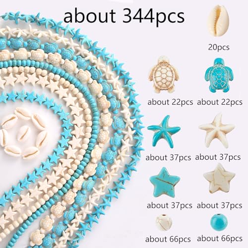 344Pcs Turquoise Sea Turtle Beads Blue and White Starfish Beads Tortoise Turtle Charms Summer Beach Animal Spacer Bead Shell Bead for Jewelry Making DIY Bracelet Necklace (8 Strings) - color: Blue and White