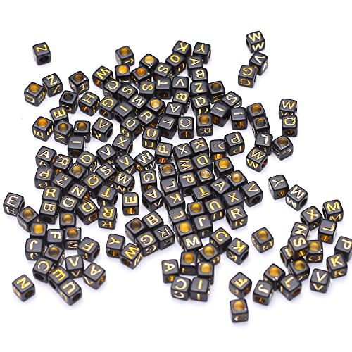 6x6mm Black Cube Acrylic Alphabet Letter Beads Gold Alphabet On Square Black Beads A-Z Mixed Plastic Shape Loose DIY Beads for Jewelry Making Bracelets Necklaces Key Chains (Gold on Black) - color: black-gold(6mm)