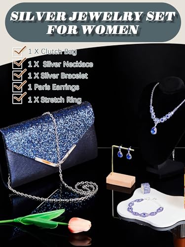 Henoyso 5 Pcs Rhinestone Jewelry Sets Prom Purse Jewelry Rhinestone Clutch Purse Bride Necklace Earrings Bracelets for Women - color: Royal Blue