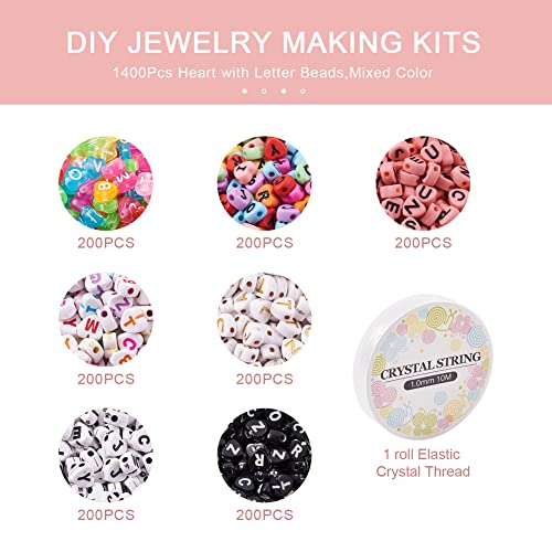 Cheriswelry 1400Pcs 6.5-7.5mm Heart with Letter Acrylic Beads with 1Roll 1mm Elastic Crystal Thread Colorful Heart Alphabet Beads for DIY Valentine Friendship Bracelet Jewelry Making - color: Mixed Color-Heart with Letter
