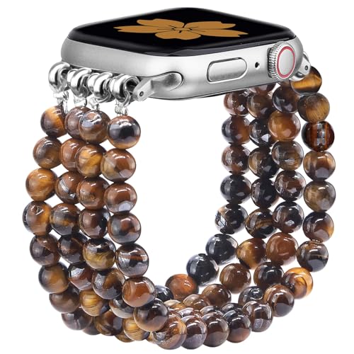 Newlibery Natural Stone Bracelet Beaded-Bands Women Compatible with Apple Watch 38mm 40mm 41mm 42mm (S10/11) Feminine Cute Handmade Stretch Strap for iWatch Series 11/10/9/8/7/6/5/4/3/2/1 SE 3/2/1 - color: A6 Tiger's Eye, size: 38/40/41/42mm(S10/11)