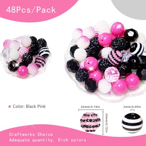 Exway 48 Pcs 20mm Black Pink Acrylic Resin Rhinestone Bubblegum Beads, Round, Large, Sparkly Craft Beads for Pen, Beadable Keychain, Bracelet, Necklace, DIY Jewelry Making Supplies - color: Black