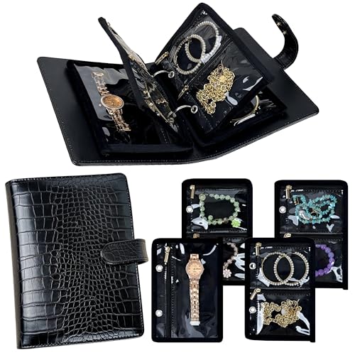 Travel Jewelry Organizer Case,Small Jewelry Bags Jewelry Storage Book Ring Binder with Clear Zipper Velvet Pouch for Traveling - color: Black