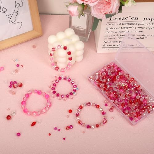1000pcs Glass Beads for Jewelry Making Colorful Rainbow Craft Crystal Beads with Loose Beads Sparkly Beads for DIY Necklace Bracelet Earring(Red/Pink) - color: Red/Pink