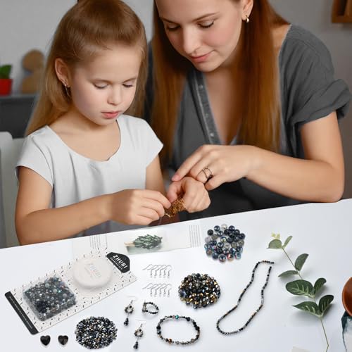 Black Crystal Bead DIY Set - Approx. 600-Piece Glass Beads Kit with Mixed Size Crystal Rondelles & Heart Pendants - Perfect for Jewelry Crafting - Elegant Gift Box - color: Black