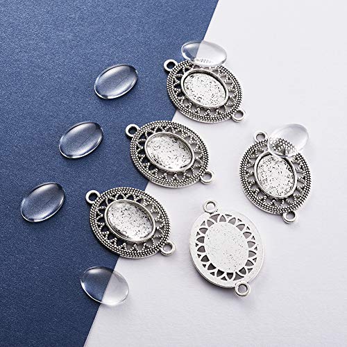 FASHEWELRY 10 Sets Tibetan Style Alloy Oval Bezel Pendant Trays with Transparent Glass Cabochons Hollow Blank Base Connector for DIY Photo Pendant Making - color: 13x18mm-10 Sets