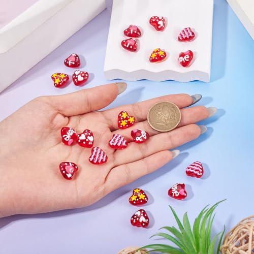 Valentines Heart Beads Cheriswelry 20Pcs Crystal Glass Heart Beads Red Hearts Pony Bead 13.5-14mm for Valentines Christmas Earring Bracelet Necklace Jewelry Making DIY Supplies - color: Print Heart