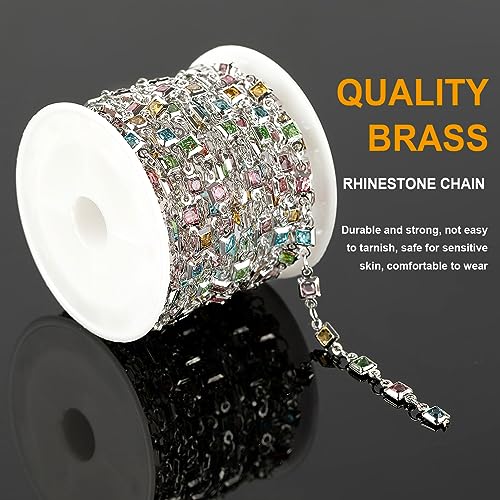 KYUNHOO 13 Feet Brass Jewelry Chain Bulk Mixed Color Rhinestones Chain for Jewelry Making with Lobster Clasps and Jump Rings Square Glass Bead Link Chain Women Necklace Anklet DIY Craft Chain - color: Square Bead-Silver