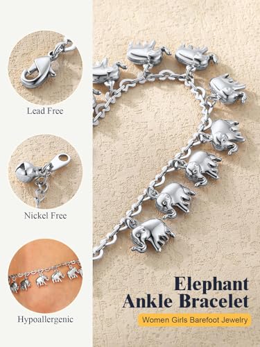 U7 Women Girls Barefoot Jewelry 18K Gold or Rose Gold Stainless Steel Heart/Rope/Figaro/Cuban Chain Anklet Foot Bracelet, 25-30 CM Long - color: Platinum Plated-Elephant Charm
