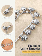 U7 Women Girls Barefoot Jewelry 18K Gold or Rose Gold Stainless Steel Heart/Rope/Figaro/Cuban Chain Anklet Foot Bracelet, 25-30 CM Long - color: Platinum Plated-Elephant Charm